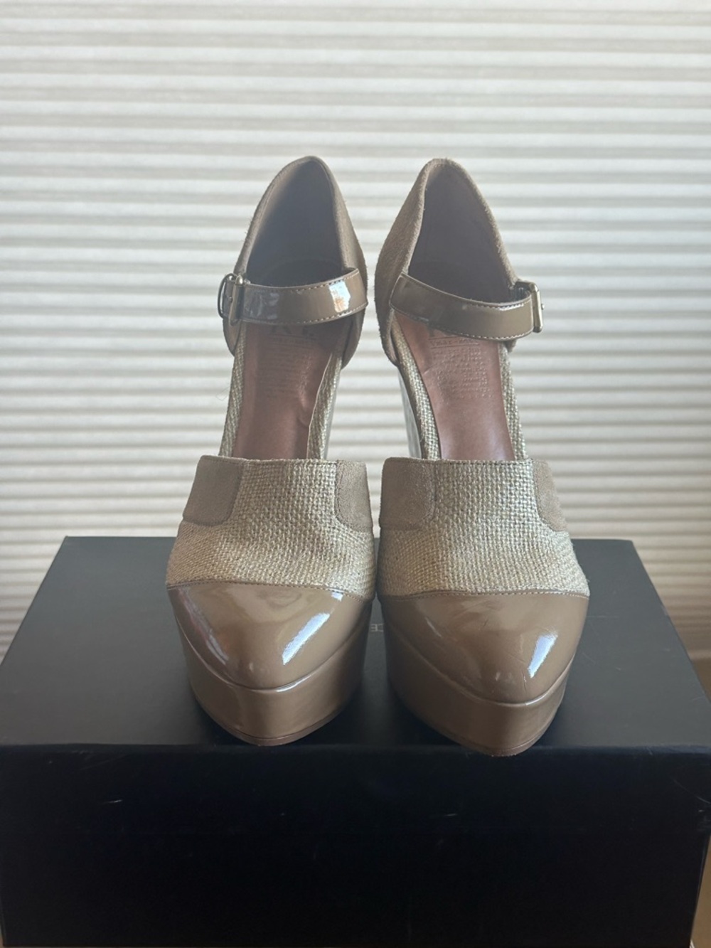 Patent & Textured Mary Jane Platform Pumps - Tan